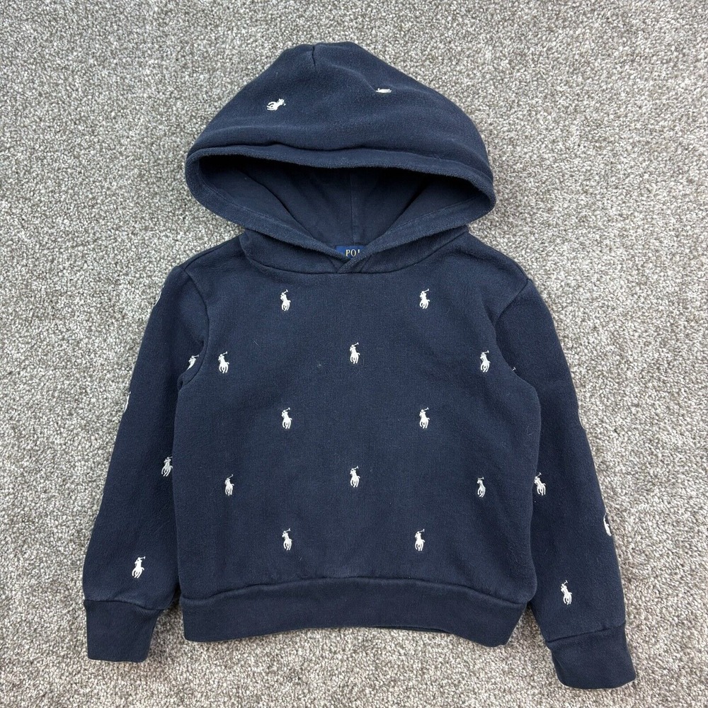 Polo Ralph Lauren Hoodie Boy's Size 5 Navy Blue Embroidered‎ Pony Logo All Over